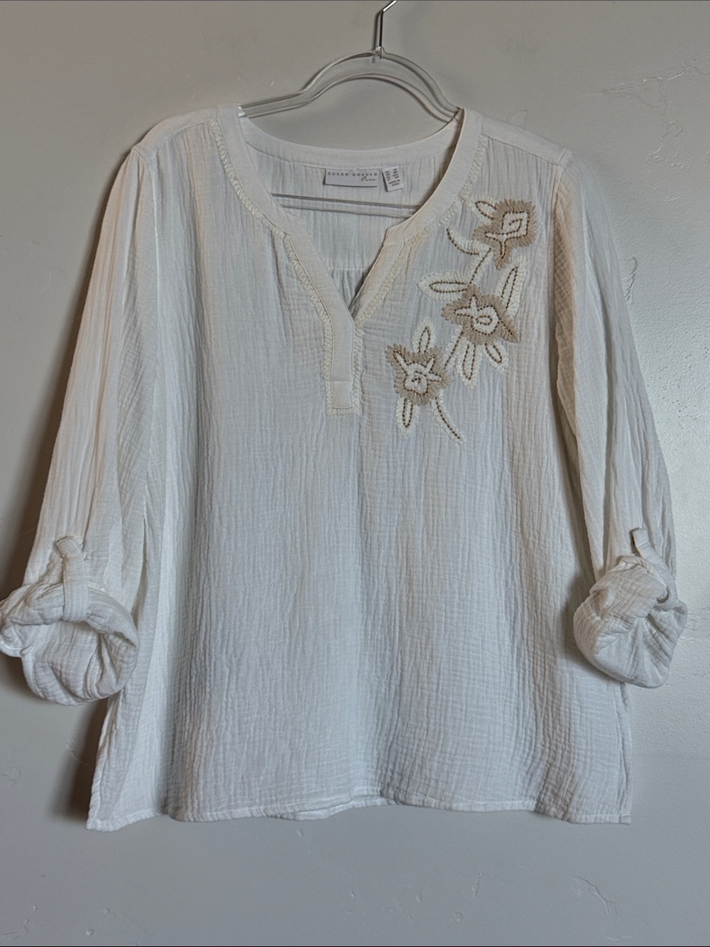 Susan Graver White Cotton Gauze Tunic with Beige Floral Embroidery